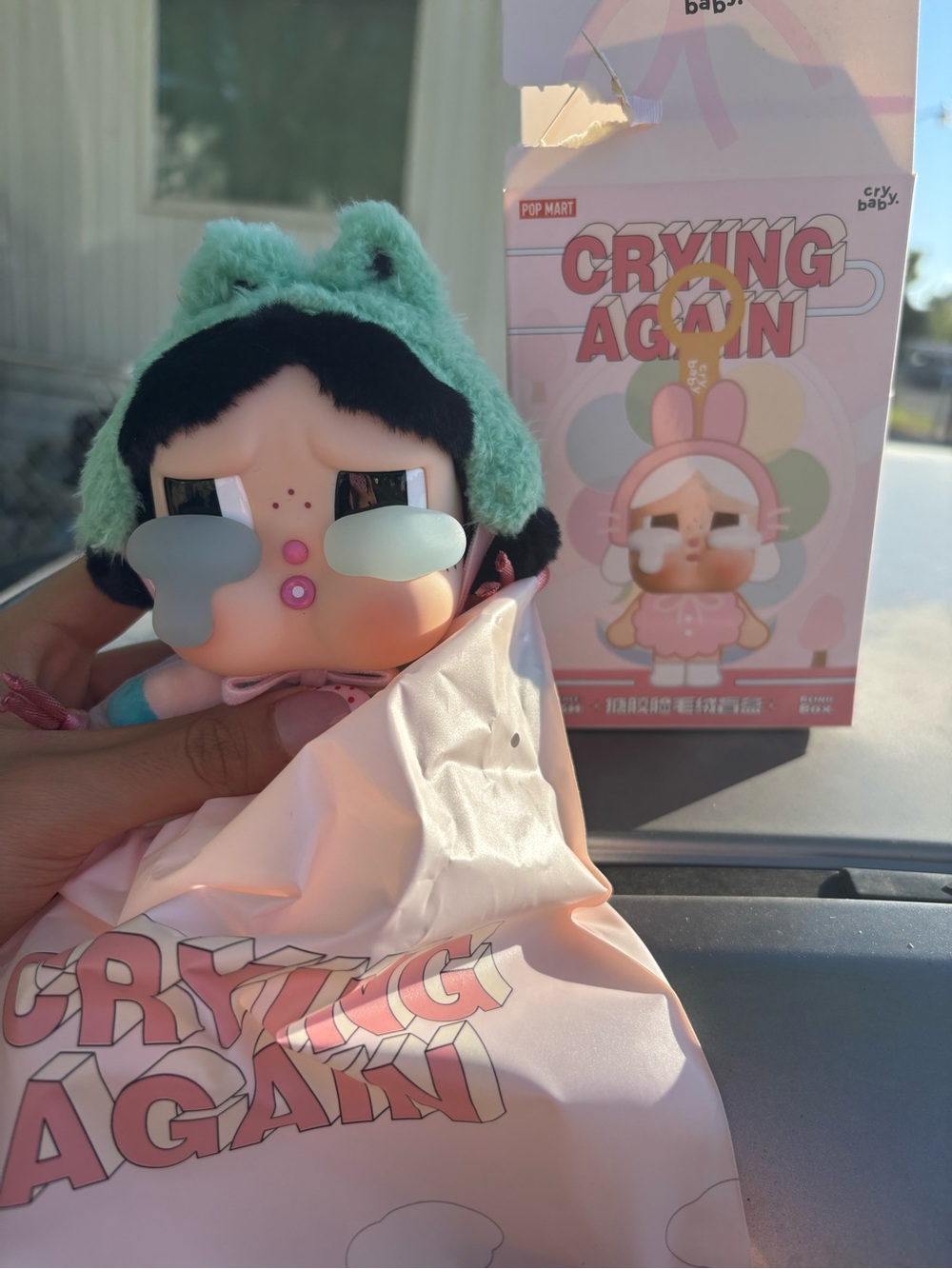 POP MART Crying Again Plush Doll with Mint Green Hat